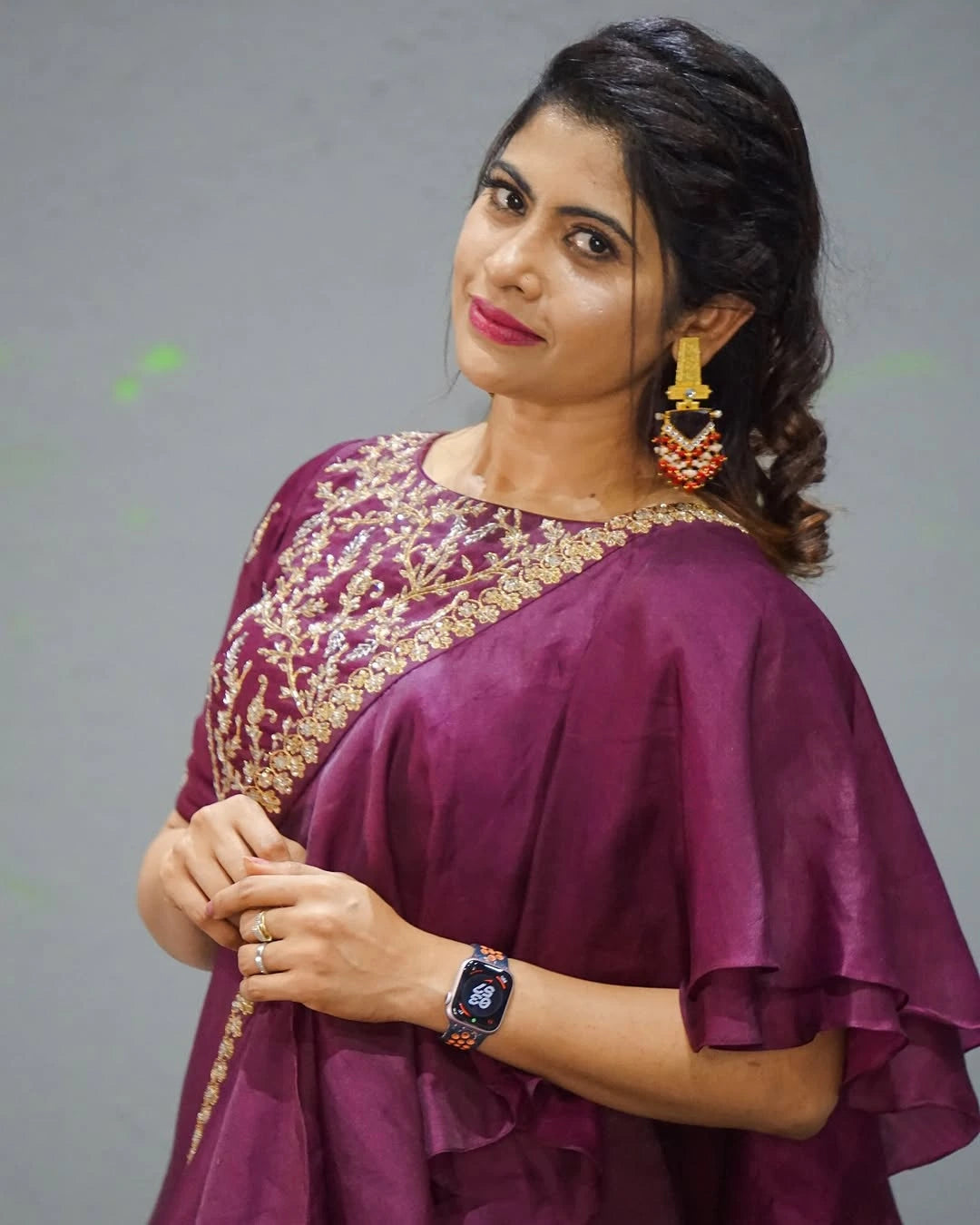 Burgundy Organza Lehenga Set with Ruffle Dupatta