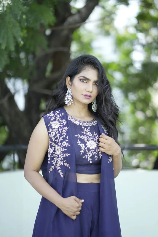 Midnight Blue Peplum Top with Cape and Palazzo Set