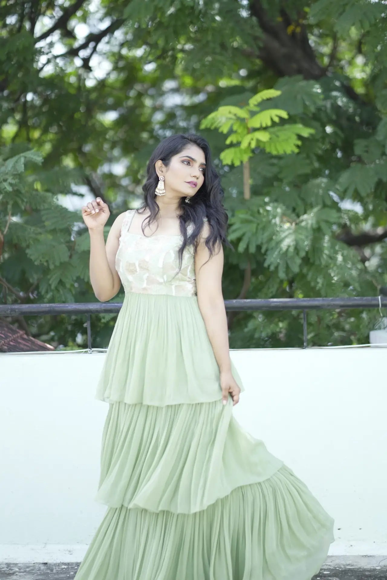 Pista Green Layered Long Frock