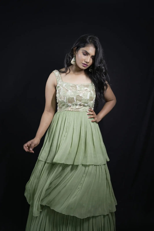 Pista Green Layered Long Frock
