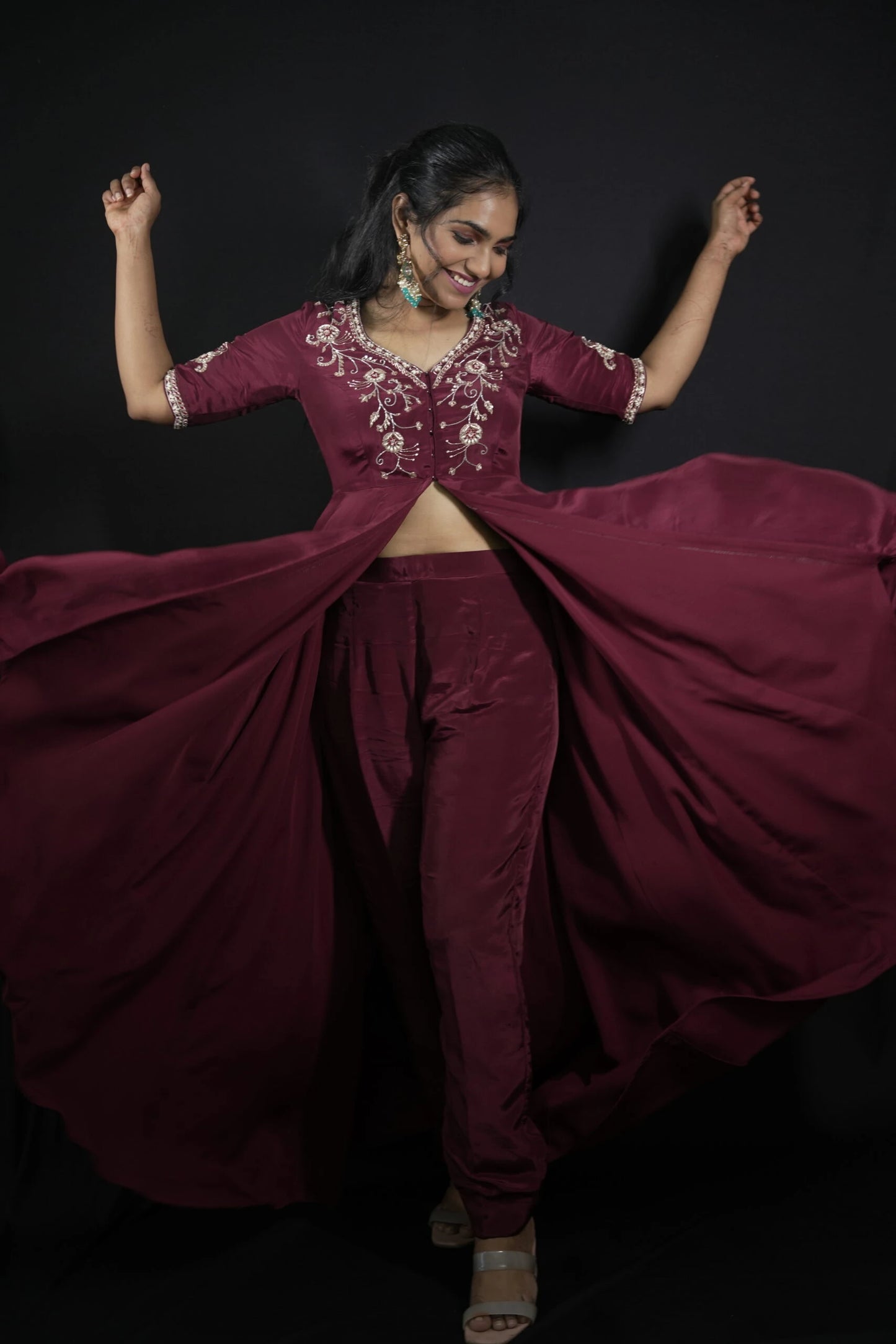 Burgundy Flared Long Top with Pant