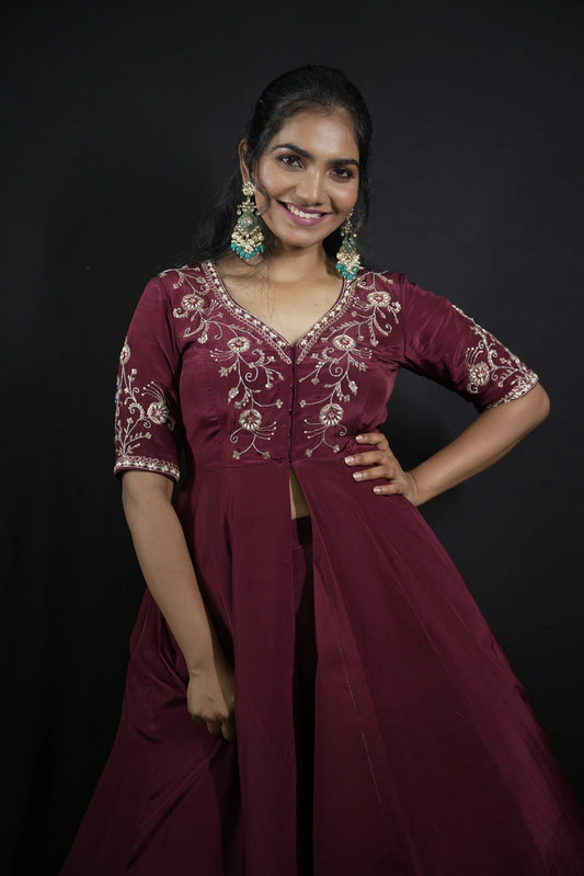 Burgundy Flared Long Top with Pant