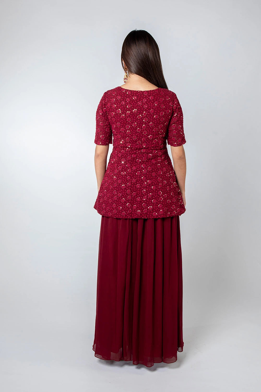 Maroon Chikankari Peplum Palazzo Set