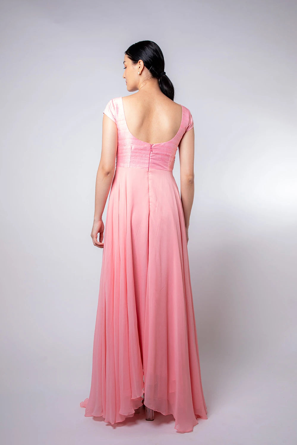 Peach Pink Embellished High Low Long Dress