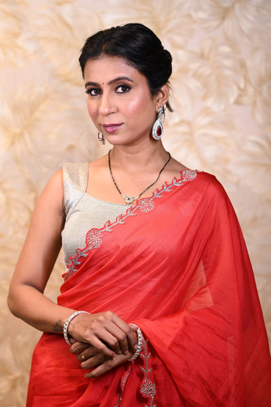 Crimson Red Designer Organza Saree