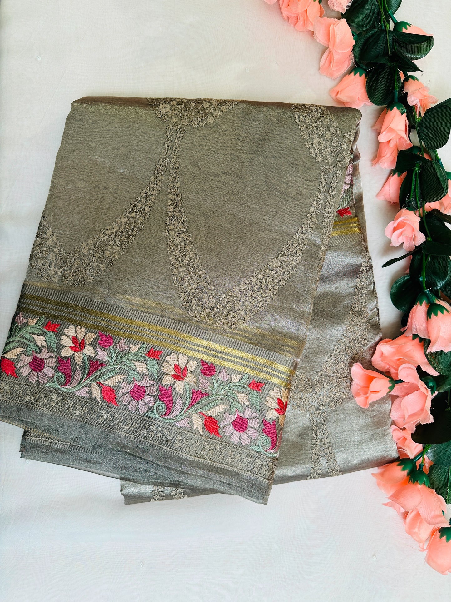 Grey Banaras Tissue Saree with Embroidery