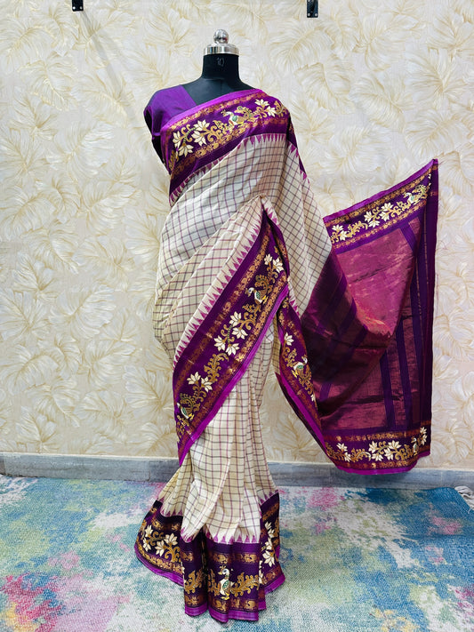 White & Purple Gadwal Tanjore Saree