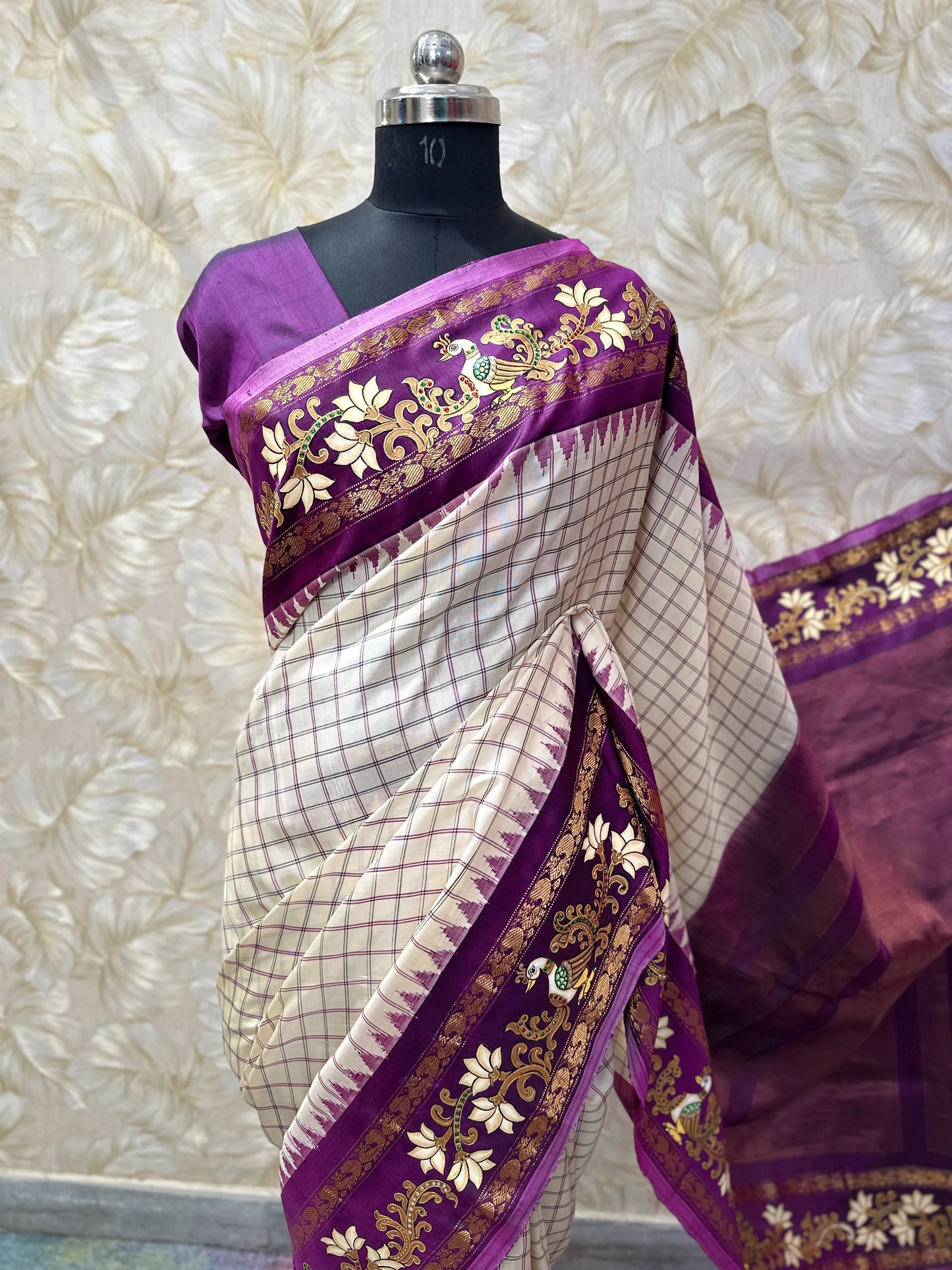 White & Purple Gadwal Tanjore Saree
