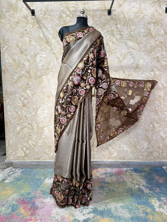 Mocha Tissue Organza Banaras Saree with Resham Embroidery