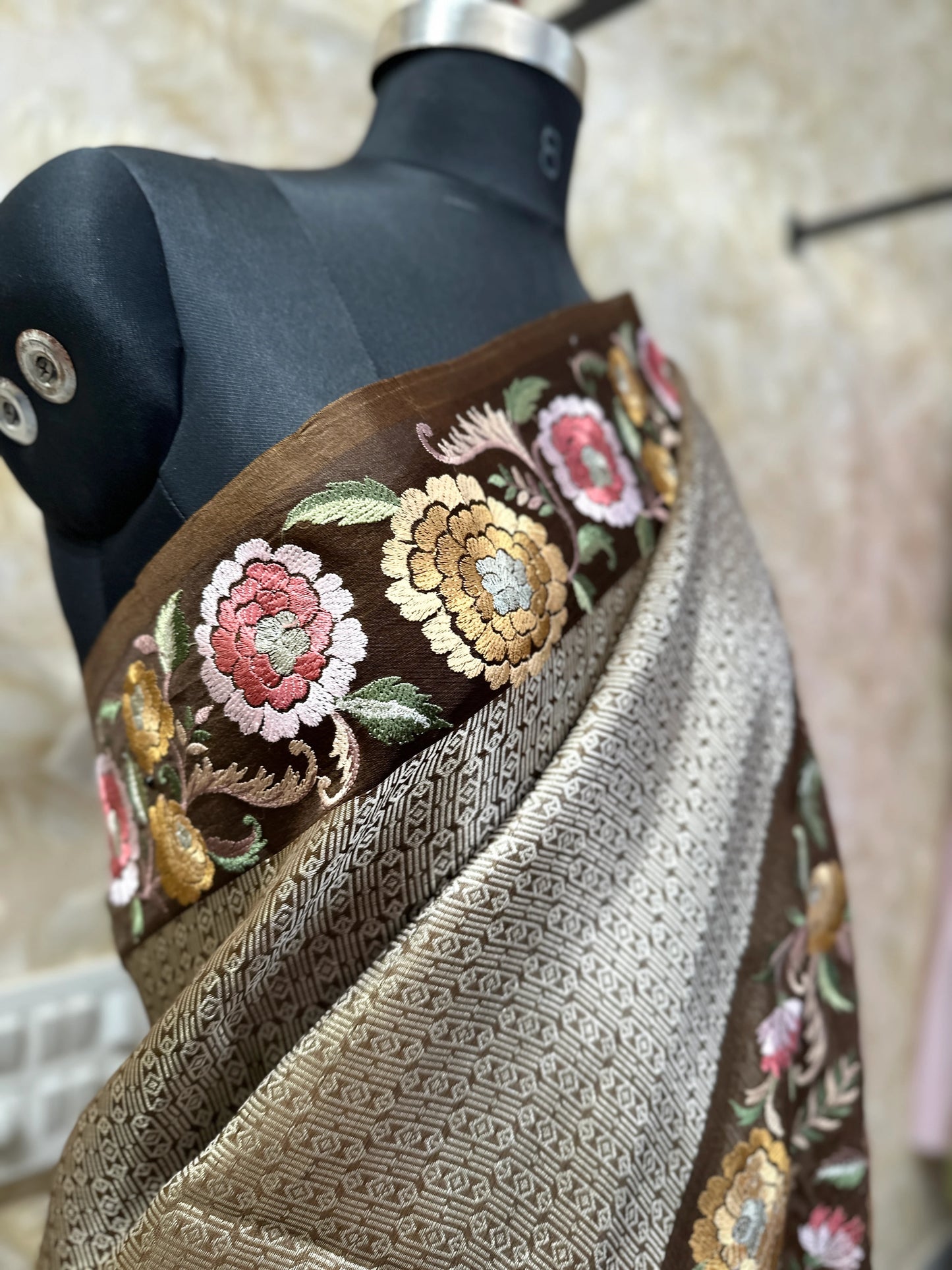 Mocha Tissue Organza Banaras Saree with Resham Embroidery