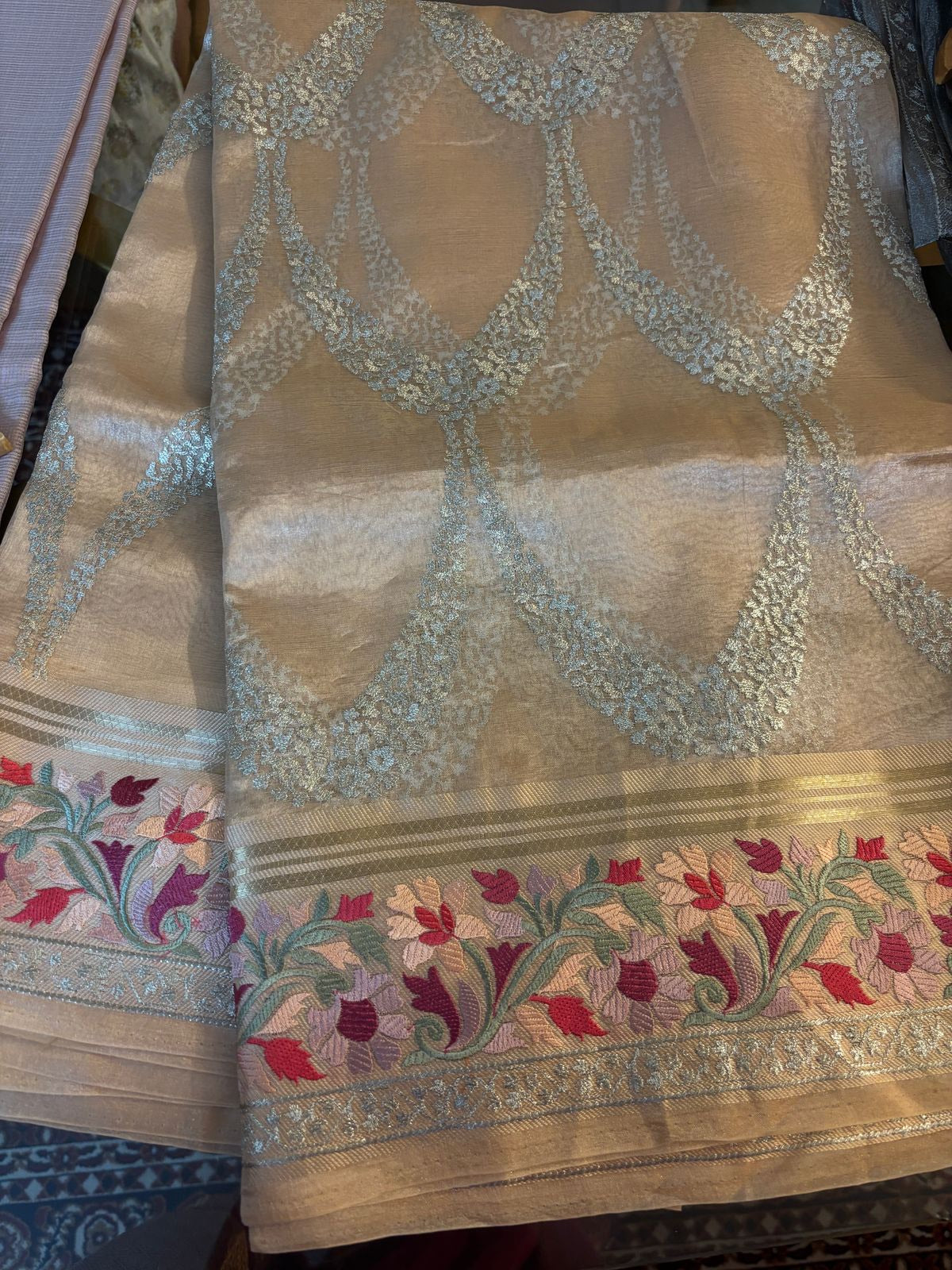 Peach Banaras Tissue Saree with Embroidery