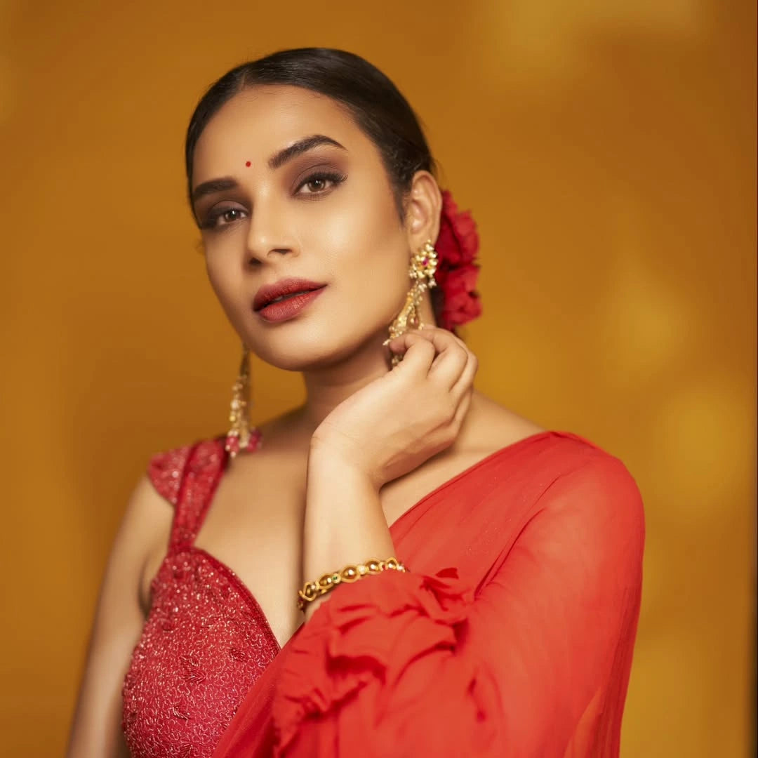 Crimson Red Georgette Ruffle Saree with Katdana Embroidery