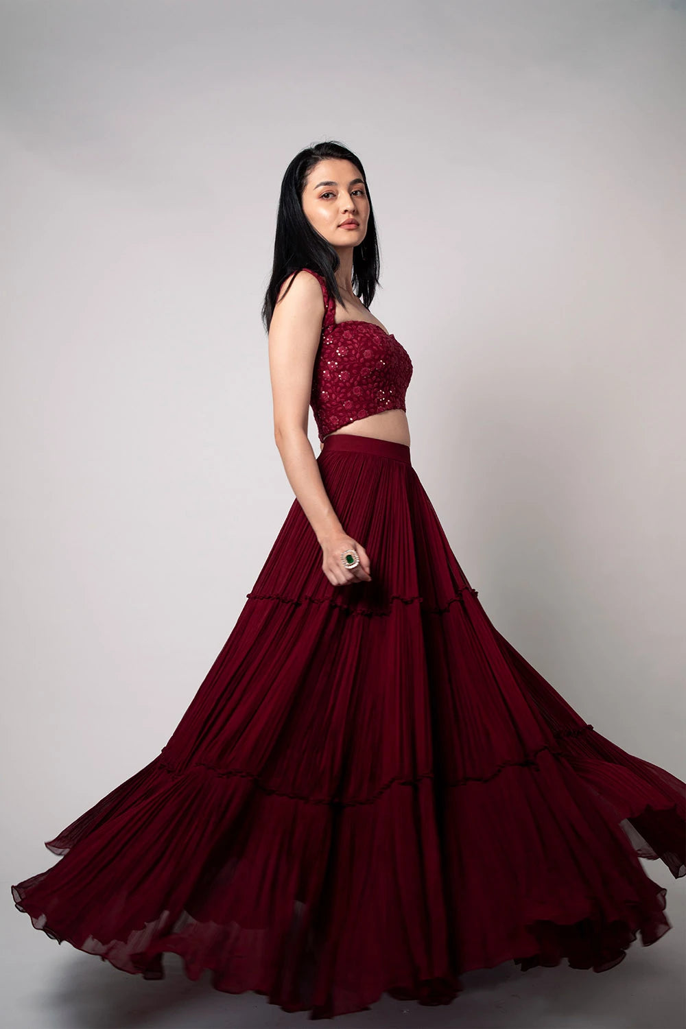 Maroon Chikankari Tiered Pleated Lehenga Set