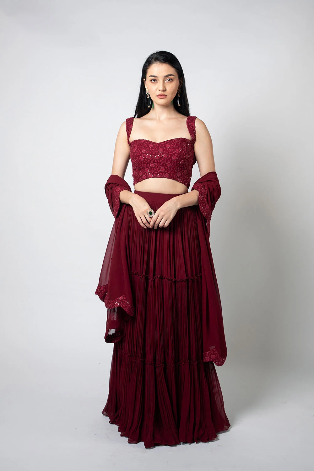 Maroon Chikankari Tiered Pleated Lehenga Set – By Taruni Srigiri