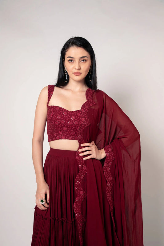 Maroon Chikankari Tiered Pleated Lehenga Set