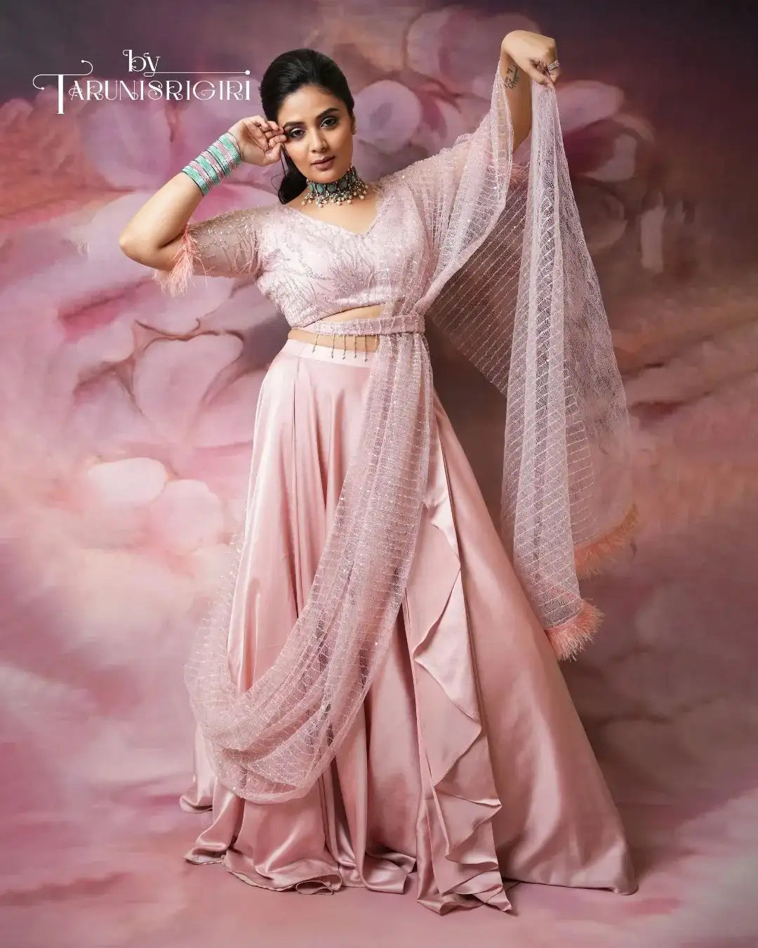 Blush Pink Draped Lehenga Set
