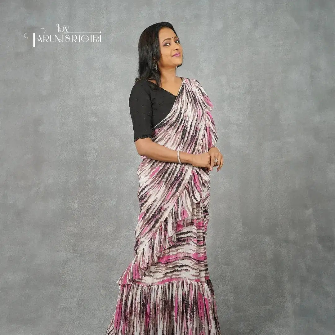 Chic Ruffle Printed Organza Saree