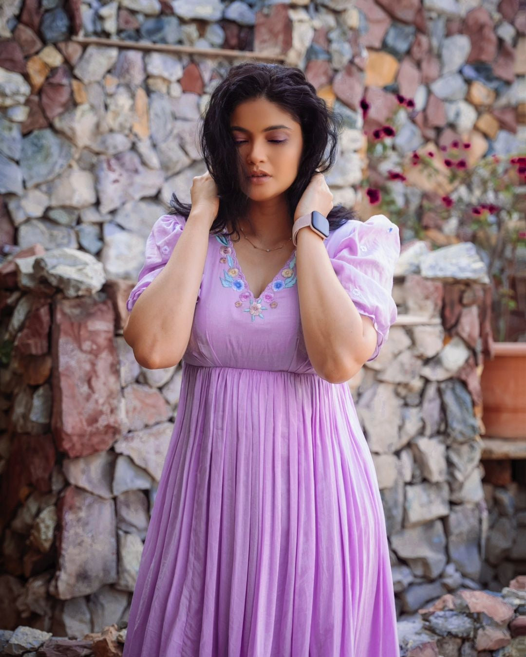 Lilac Mul Cotton Calf-Length Frock