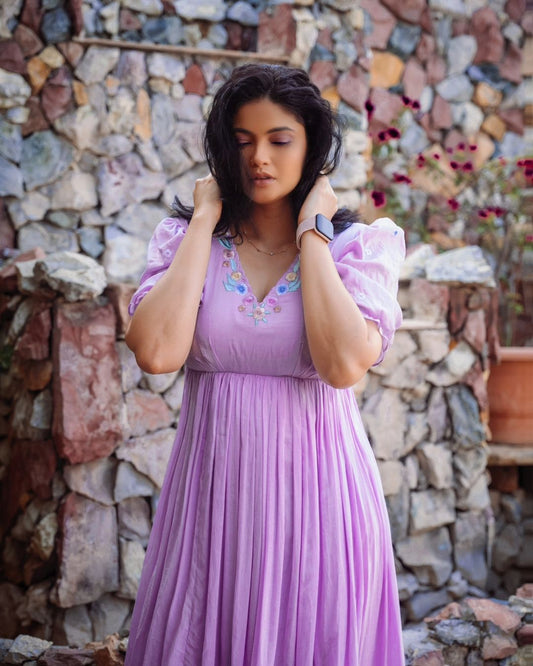 Lilac Mul Cotton Calf-Length Frock