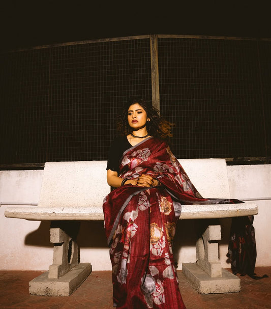 Crimson Tussar Saree with Digital Print