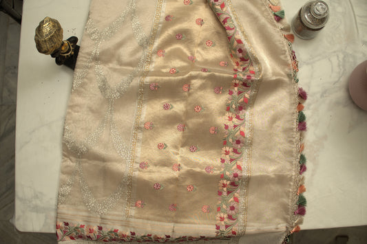 Ivory Banaras Tissue Saree with Embroidery