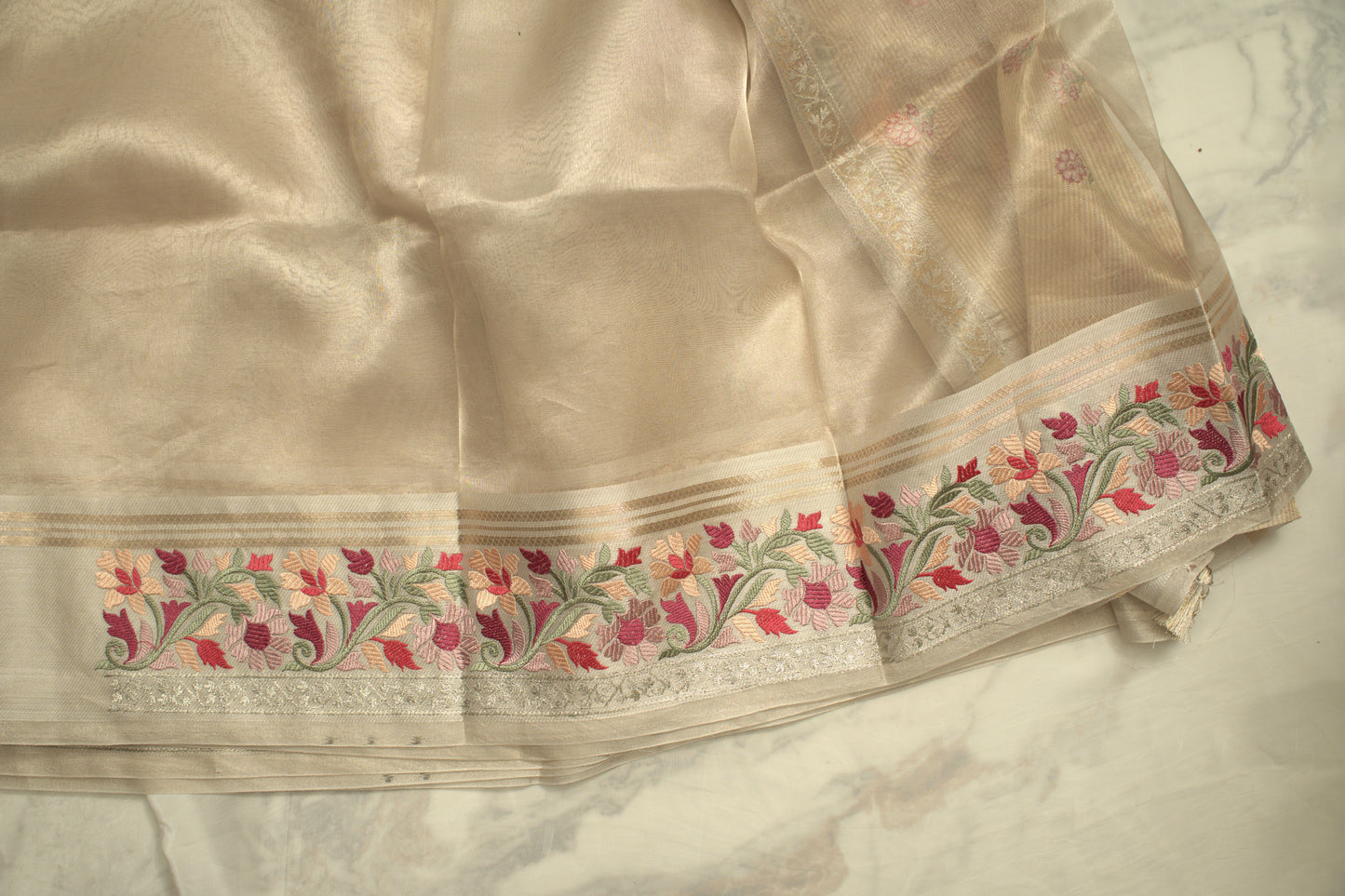 Ivory Banaras Tissue Saree with Embroidery