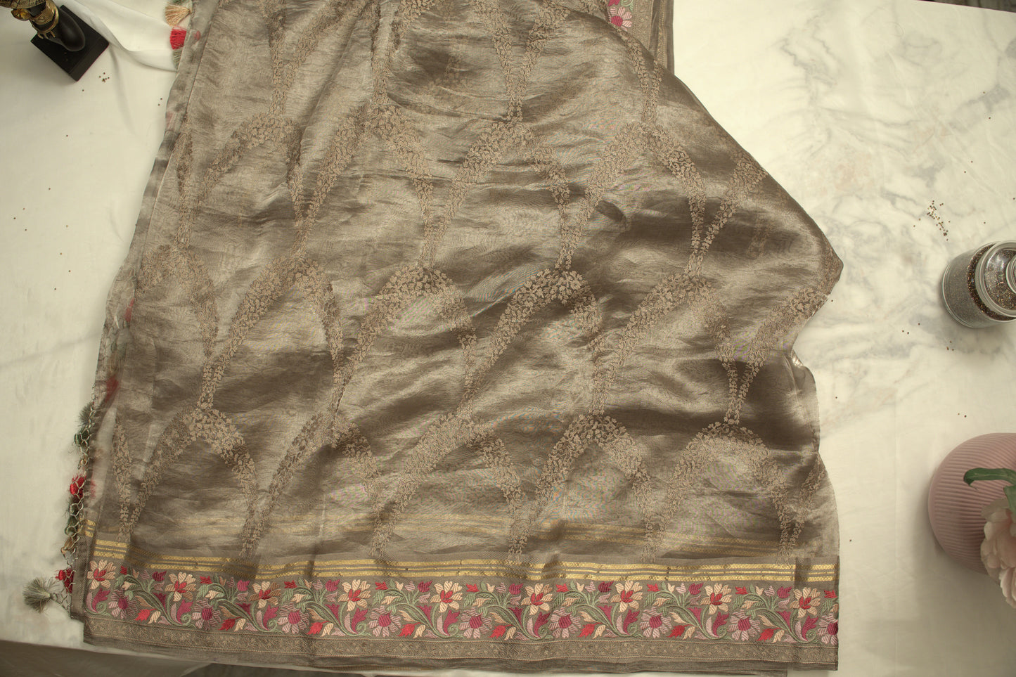 Grey Banaras Tissue Saree with Embroidery