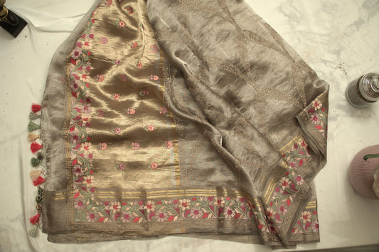 Grey Banaras Tissue Saree with Embroidery