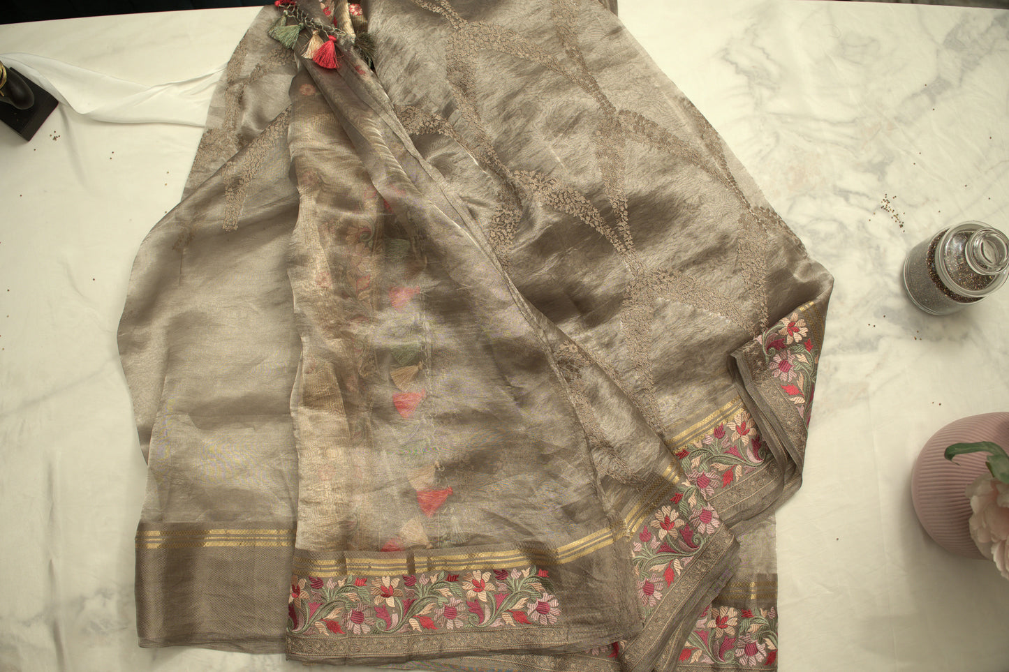 Grey Banaras Tissue Saree with Embroidery