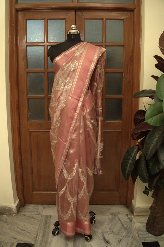 Peach Banaras Tissue Saree