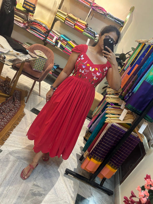 Scarlet Blossom Embroidered Frock