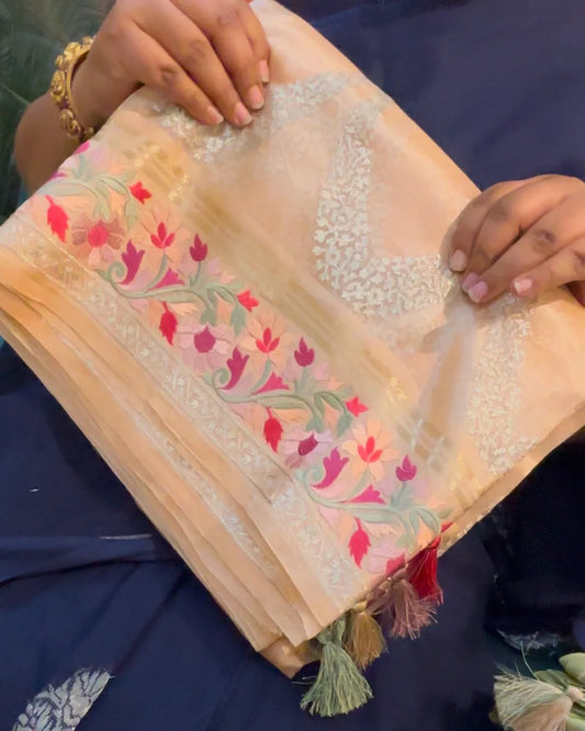 Peach Banaras Tissue Saree with Embroidery