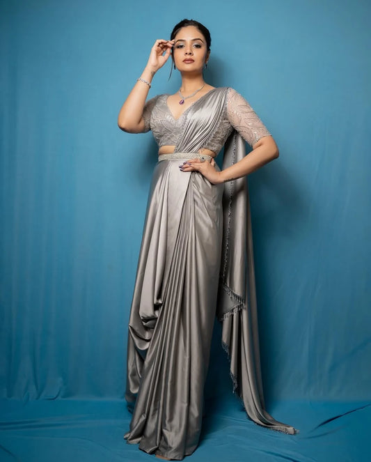 Grey Satin Lehenga with Katdana Blouse