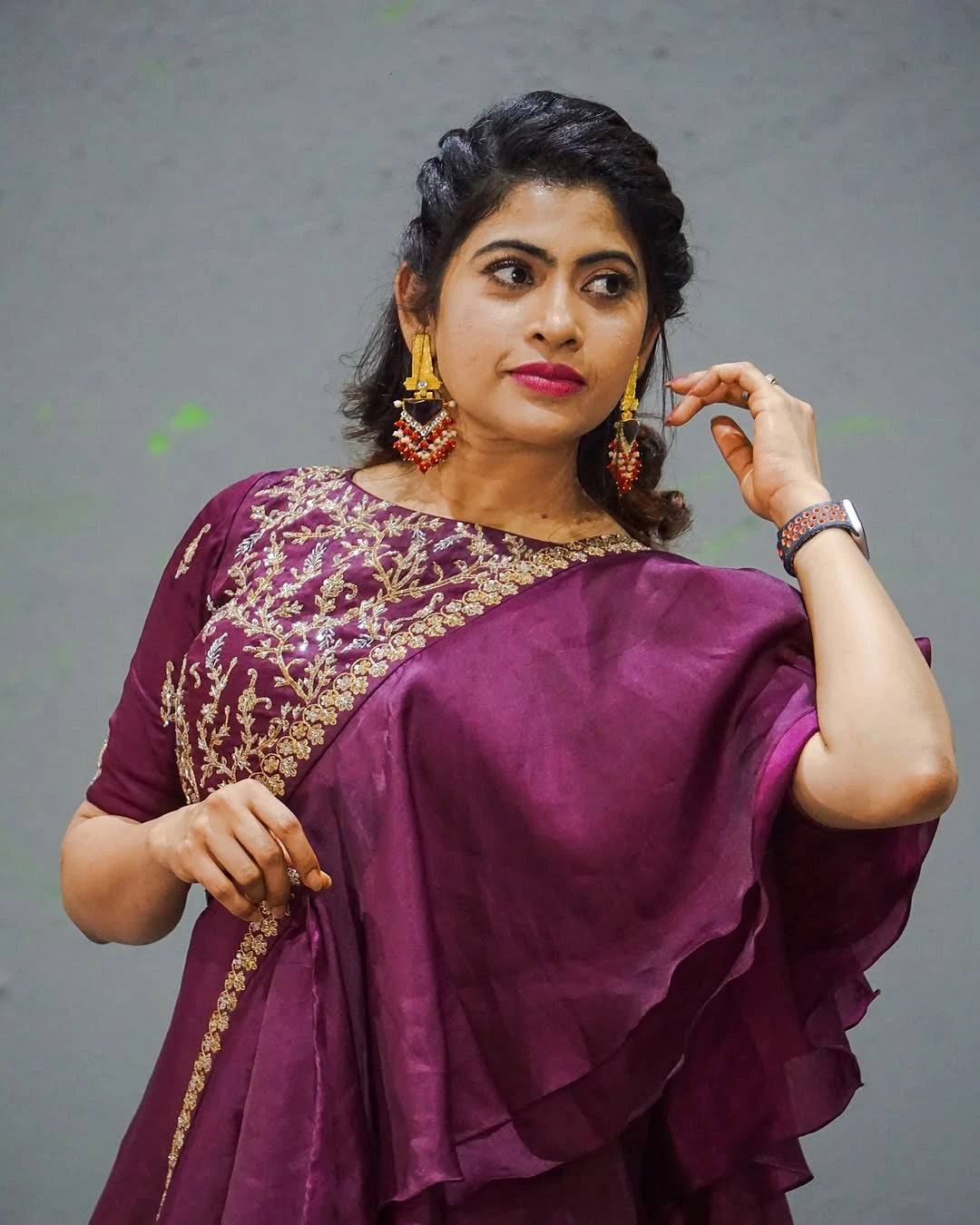 Burgundy Organza Lehenga Set with Ruffle Dupatta
