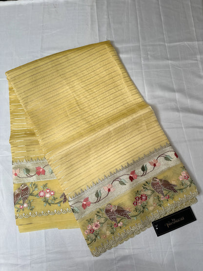 Chanderi Stripes Resham Embroidery Saree