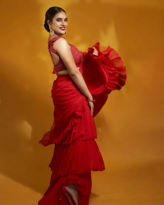 Crimson Red Georgette Ruffle Saree with Katdana Embroidery