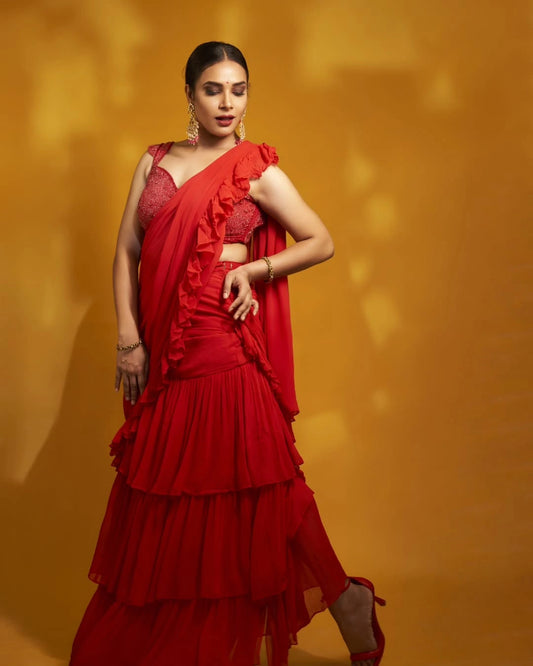 Crimson Red Georgette Ruffle Saree with Katdana Embroidery