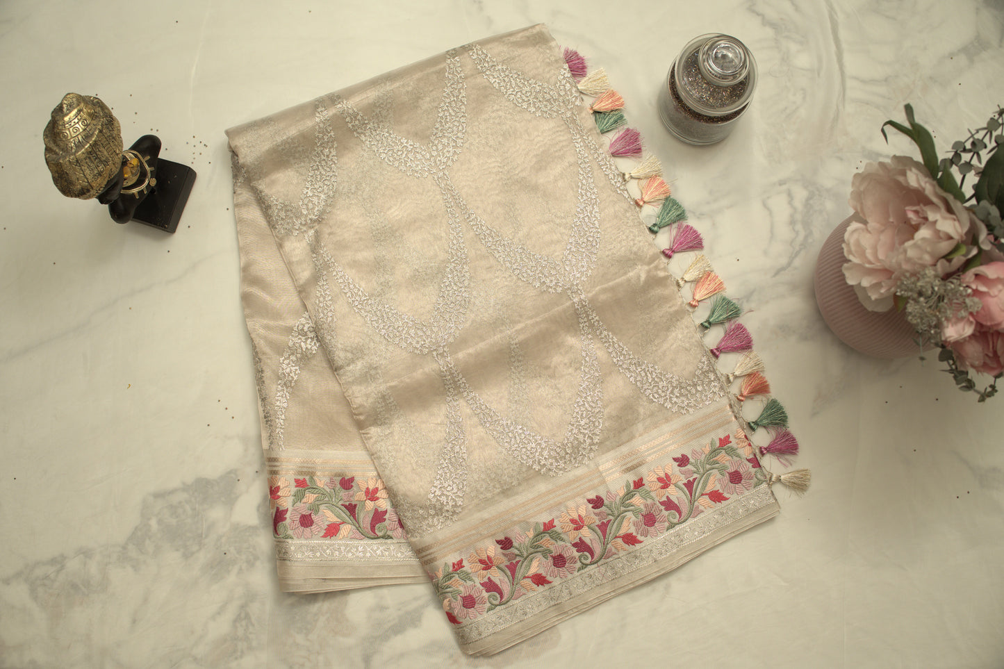Ivory Banaras Tissue Saree with Embroidery