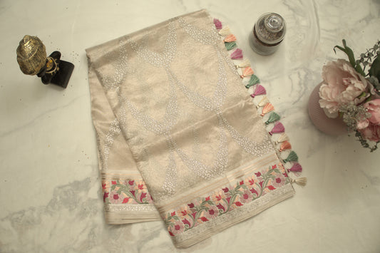 Ivory Banaras Tissue Saree with Embroidery