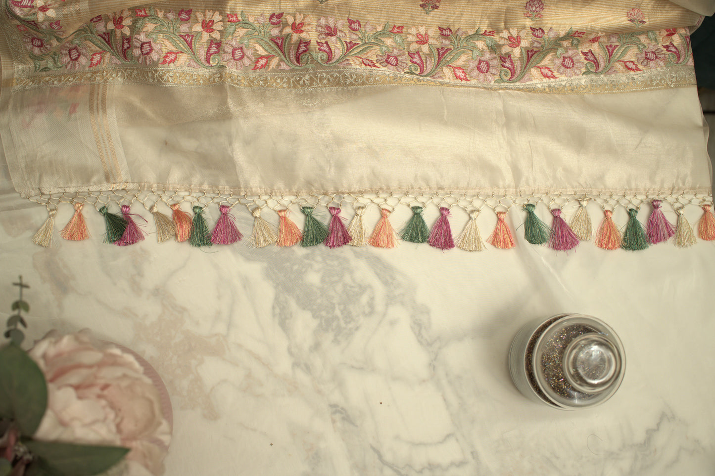 Ivory Banaras Tissue Saree with Embroidery