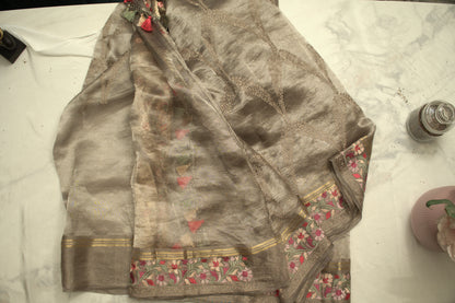 Grey Banaras Tissue Saree with Embroidery